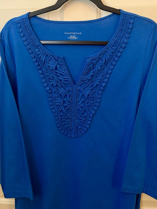 Charter Club Tops - Charter Club Top 100% Cotton Boho Style Blue Crochet-Trim Top Size -  XL